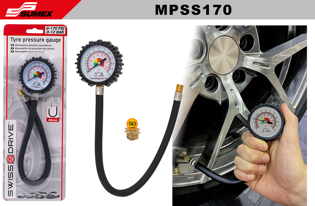 MANOMETRO ANALOGICO PARA NEUMATICOS 170 PSI SWISS DRIVE (50 UNDS)