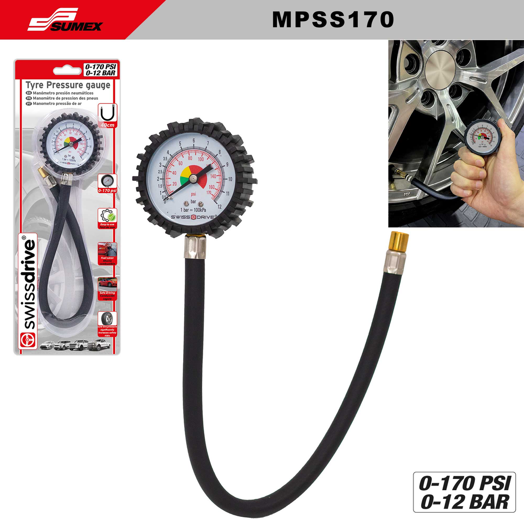 MANOMETRO ANALOGICO PARA NEUMATICOS 170 PSI SWISS DRIVE (50 UNDS)