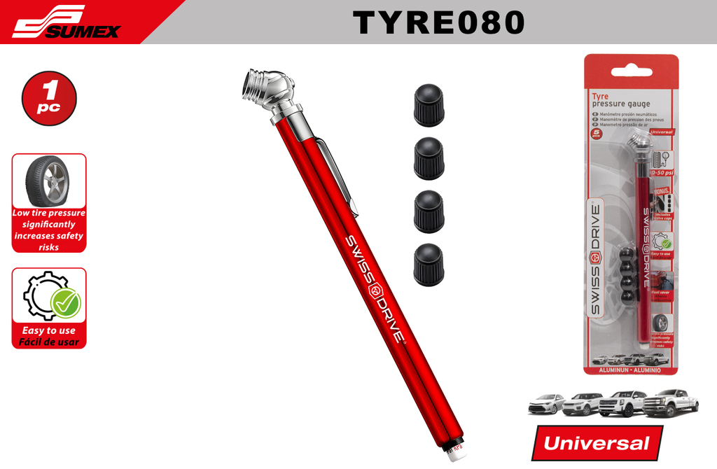 TIRE PRESSURE GAUCE PENCIL TYPE SWISS DRIVE + 4 VALVE CAPS RED/SILVER (500 UNITS)(4 SETS = 125 UNITS)