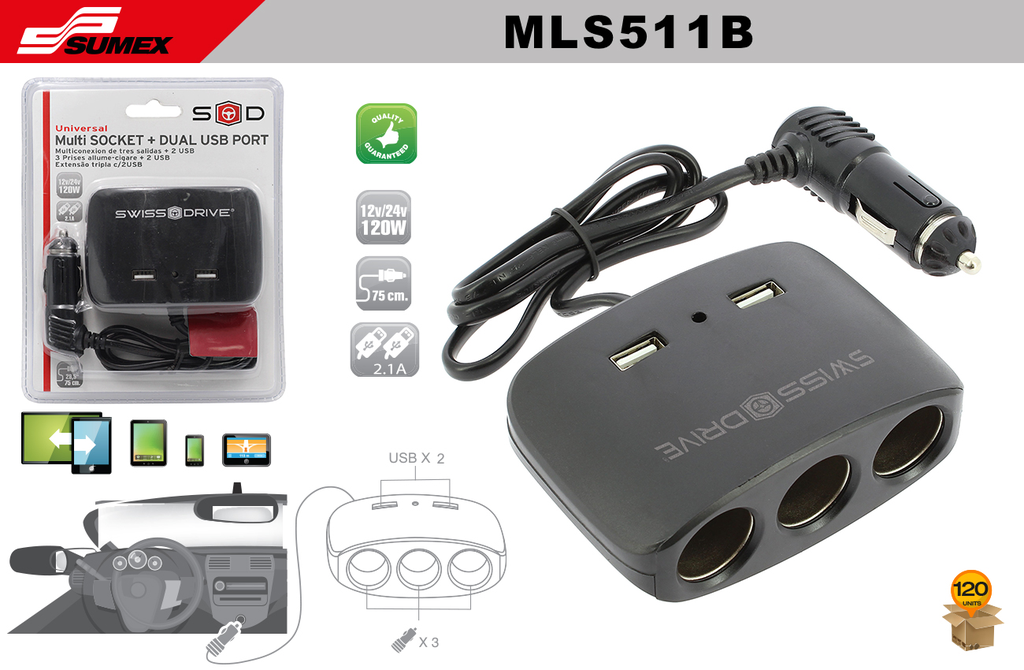 MULTICONEXION DE TRES SALIDA + 2 USB SWISS DRIVE NEGRO (120 UNDS)(2 SETS= 60 UNDS)