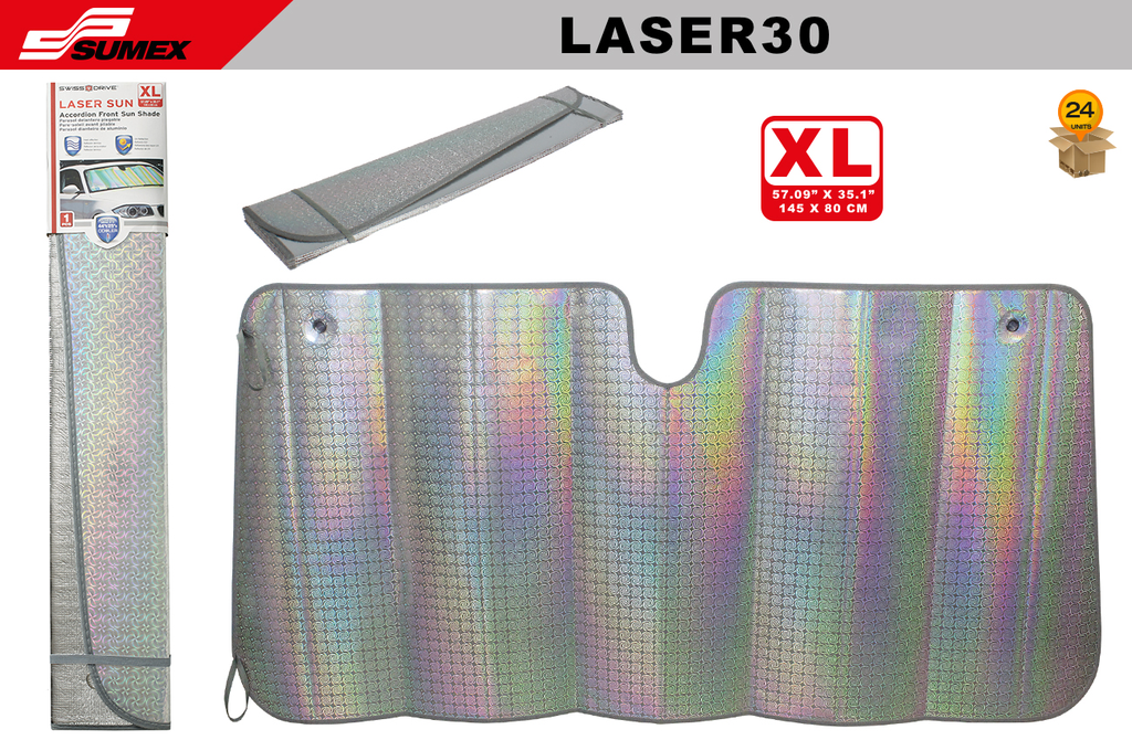 FOLDING FRONT SUNSHADE SWISS DRIVE "XL" LASER (57" X 31.5") (24 UNITS)