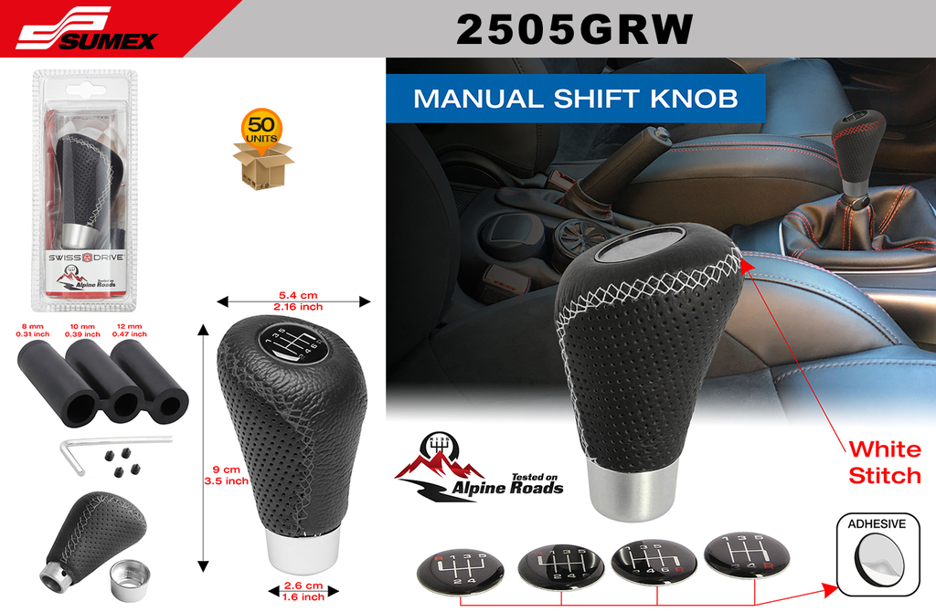BLACK LEATHERETTE GEAR KNOB WITH WHITE STITCHES SWISS DRIVE (5 SETS =10 UNITS)(50 UNITS)