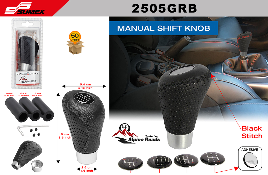 BLACK LEATHERETTE GEAR KNOB WITH BLACK STITCHES SWISS DRIVE (5 SETS =10 UNITS)(50 UNITS)