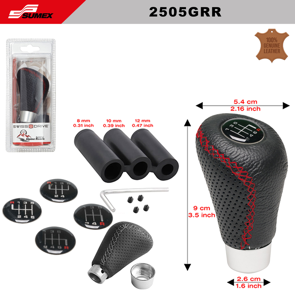 BLACK LEATHERETTE GEAR KNOB WITH RED STITCHES SWISS DRIVE (5 SETS =10 UNITS)(50 UNITS)