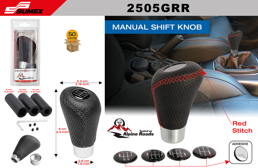 BLACK LEATHERETTE GEAR KNOB WITH RED STITCHES SWISS DRIVE (5 SETS =10 UNITS)(50 UNITS)