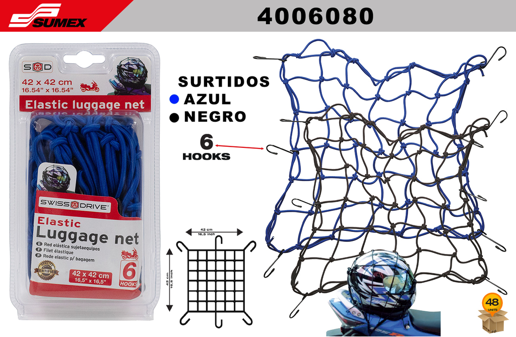 RED ELASTICA SUJETA EQUIPOS SWISS DRIVE SURTIDOS (42 X 42 CM) (48 UNDS)(4 SETS = 12 UNDS)