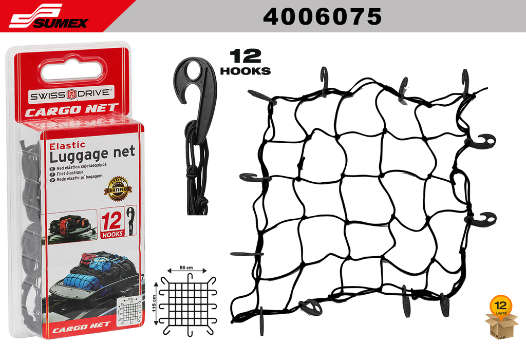 ELASTIC LUGGAGE NET SWISS DRIVE WITH 12 HOOKS (86 X 115 CM) (12 SETS) (2 SETS = 6 PCS)