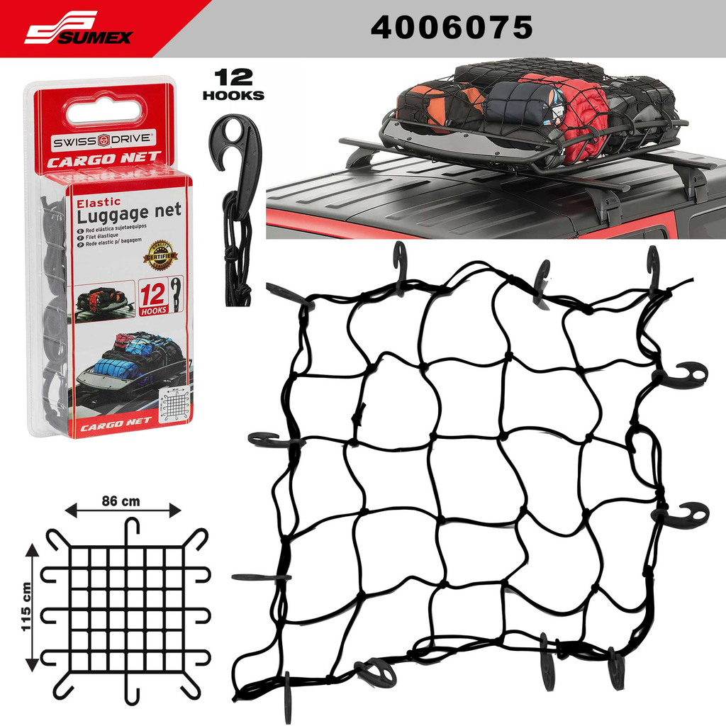 ELASTIC LUGGAGE NET SWISS DRIVE WITH 12 HOOKS (86 X 115 CM) (12 SETS) (2 SETS = 6 PCS)