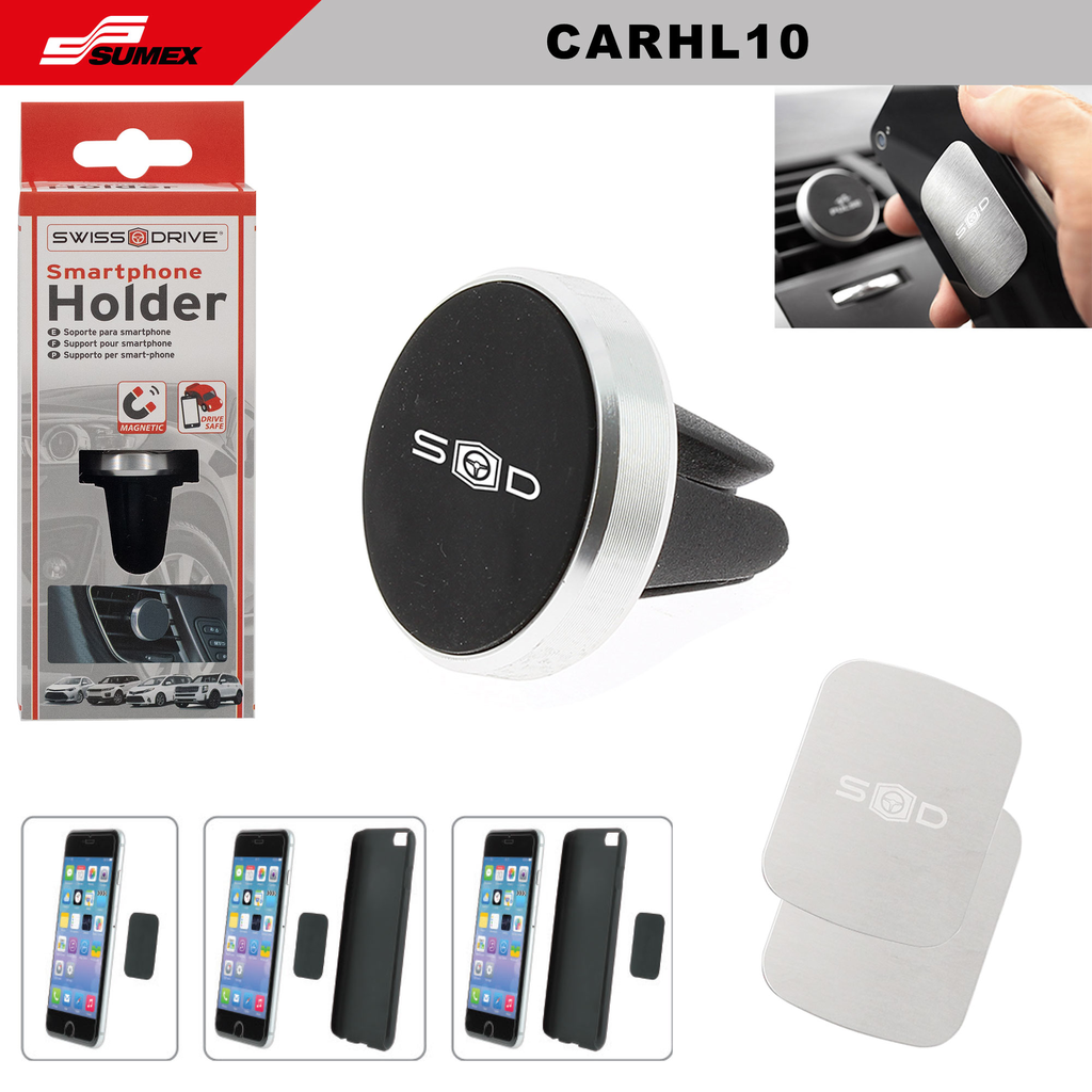 SOPORTE MAGNETICO PARA CELULAR SWISS DRIVE NEGRO PLATEADO (100 UNDS)(10 SETS= 10 UNDS)