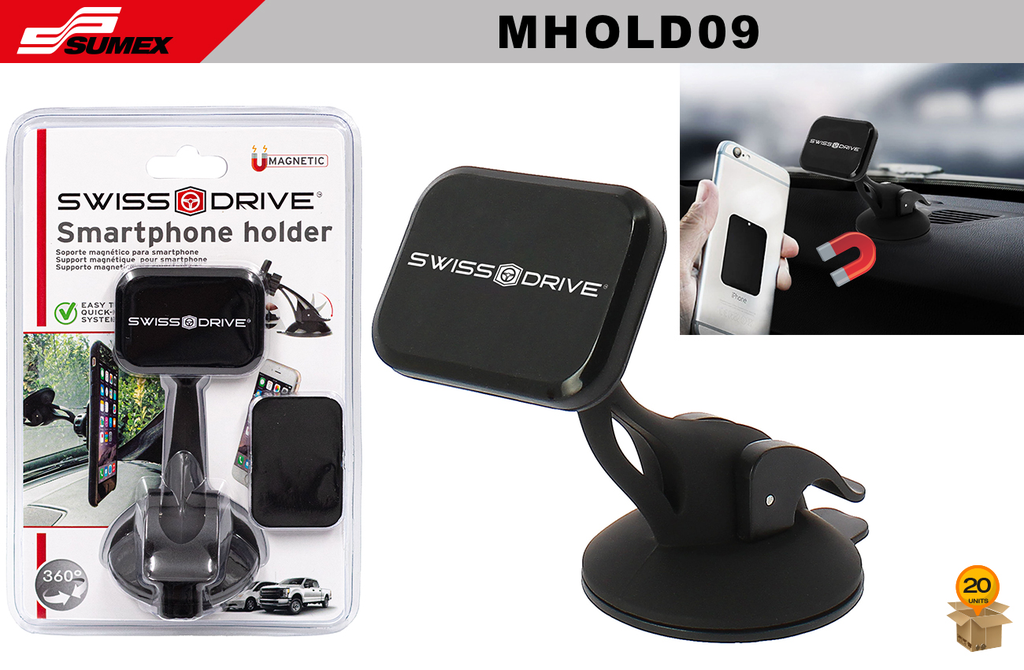 SOPORTE MAGNETICO PARA CELULAR 360° SWISS DRIVE NEGRO (20 UNDS)