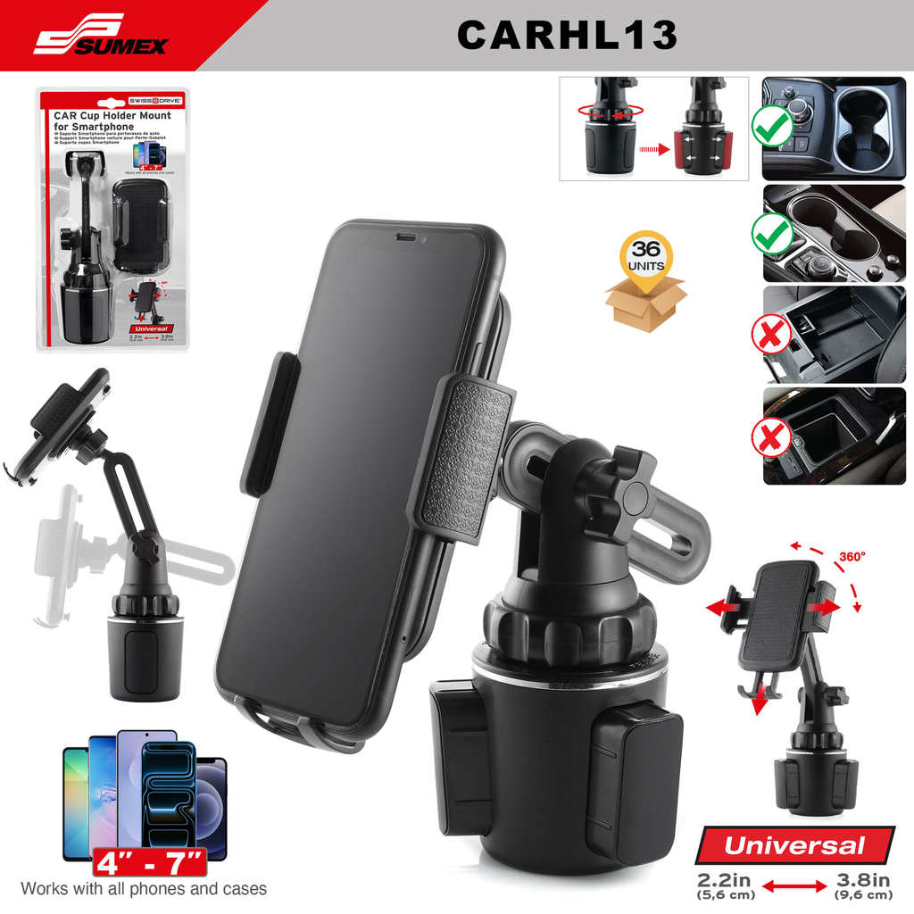 SOPORTE DE CELULAR PARA PORTAVASOS DE AUTO SWISS DRIVE NEGRO (48 UNDS)(6 SETS = 8 UNDS)