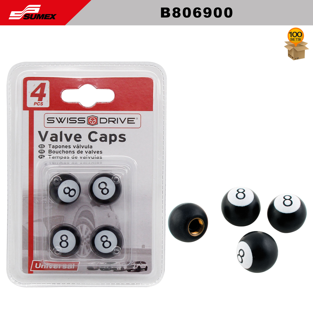 TAPA VALVULAS SWISS DRIVE BOLA 8 NEGRO 100PCS (4SETS=25UNDS)