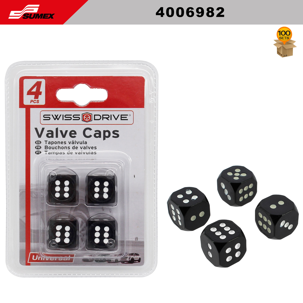 VALVE CAPS SWISS DRIVE BLACK DICES (4 PCS) (100 SETS) ( 4 SETS = 25 PCS)