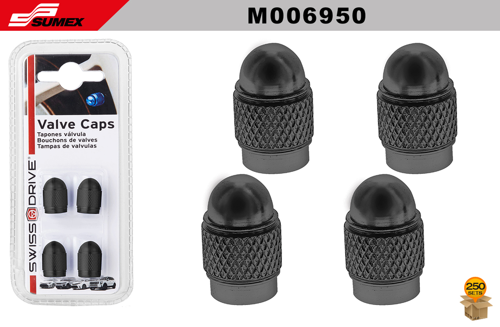 VALVE CAPS SWISS DRIVE BLACK  (4 PCS) (1SET = 25UNDS) (10SETS = 250UNDS)