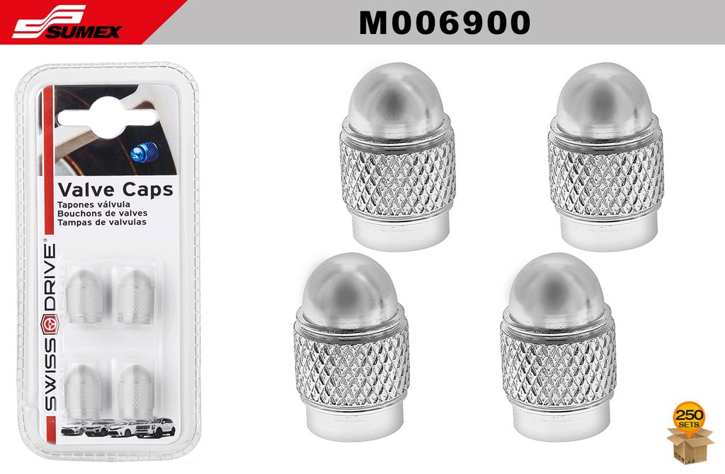 VALVE CAPS SWISS DRIVE SILVER (4 PCS) (1SET = 25UNDS) (10SETS = 250UNDS)