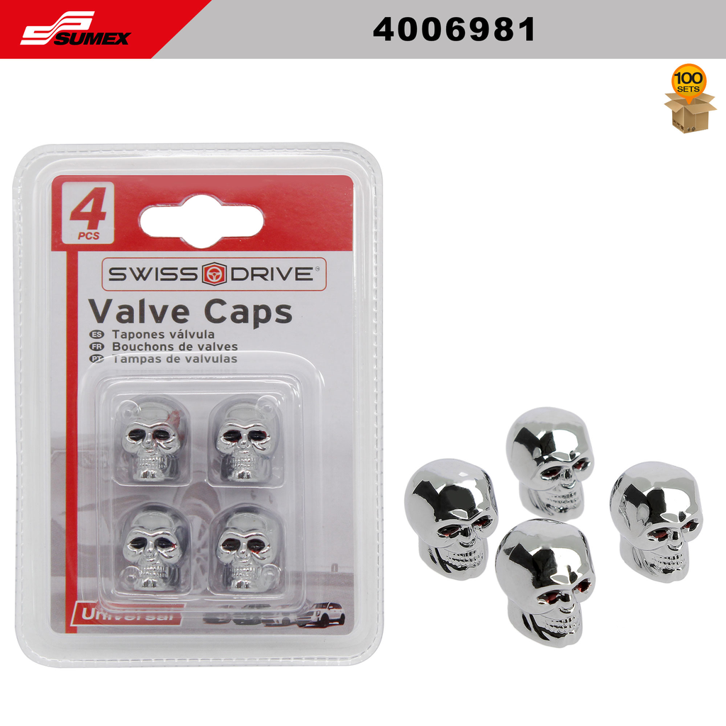 VALVE CAPS SWISS DRIVE SILVER SKULL (4 PCS) (100 SETS) ( 4 SETS= 25 PCS)