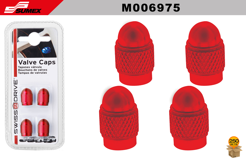 VALVE CAPS SWISS DRIVE RED  (4 PCS) (250 SETS)(10 SETS= 25 PCS)