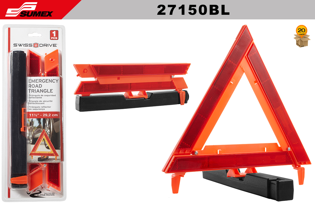 TRIANGULO DE EMERGENCIA SWISS DRIVE CON REFLECTIVO (29.2 CM) (20 UNDS)