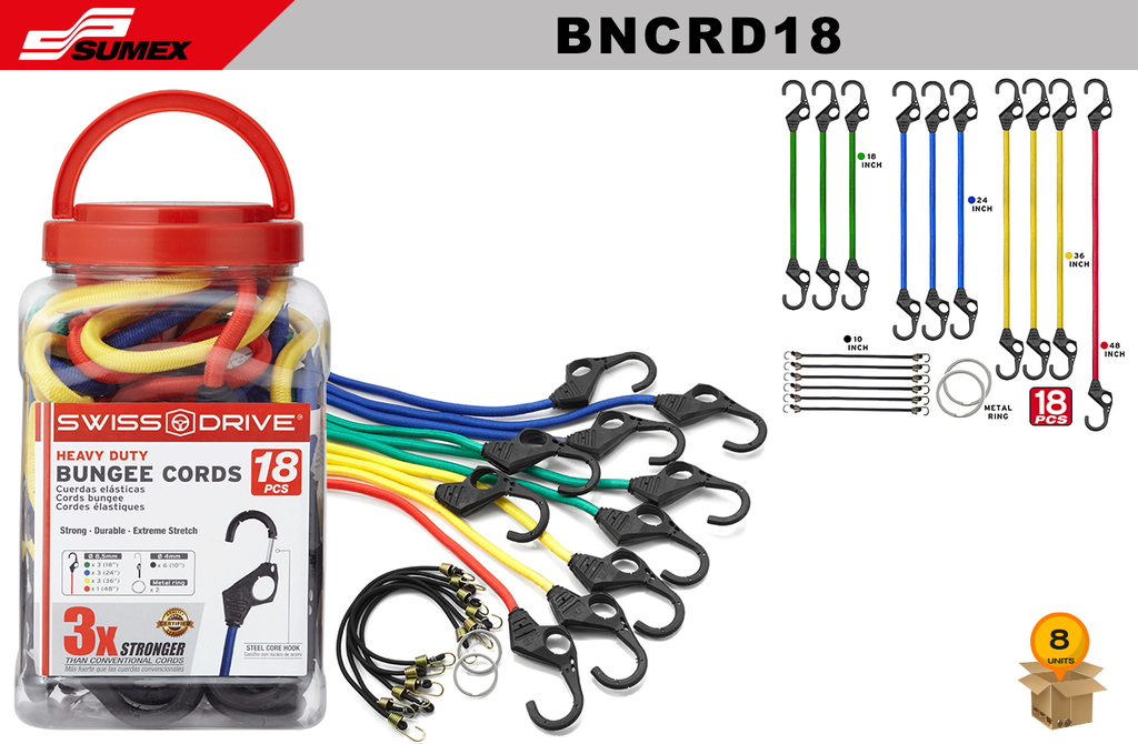 SWISS DRIVE KIT BUNGEE CORDS JAR (18" - 24" - 36" - 48") (18 PCS) (8 SETS)