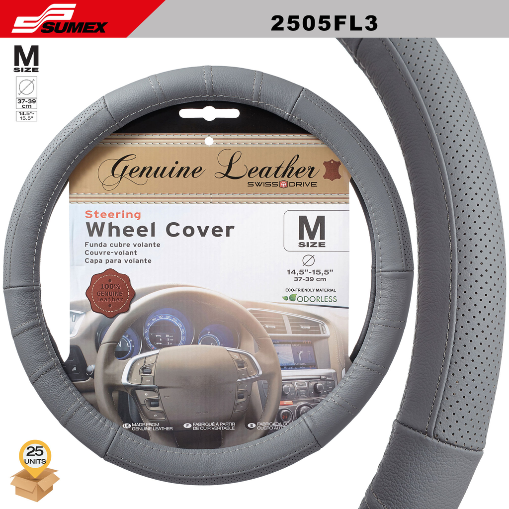 STEERING WHEEL COVER SWISS DRIVE "M" GENUINE LEATHER GREY (37 X 39 CM) (20 UNITS) 