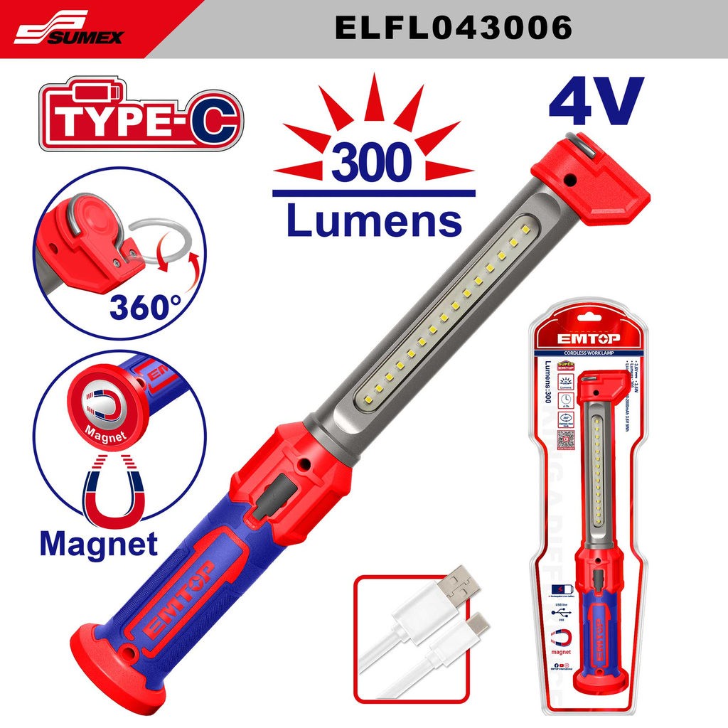 CORDLESS WORK LAMP EMTOP 4 V 300 LUMENS (10 UNITS)
