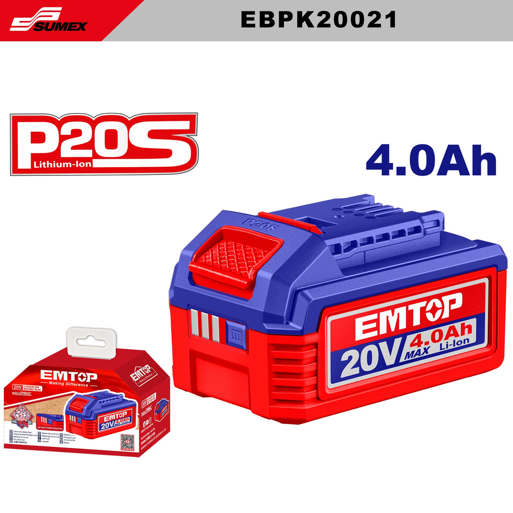 BATERIA DE ION DE LITIO 20V 4.0AH EMTOP CON INDICADOR LED DE CARGA  (CJ/12UNDS)