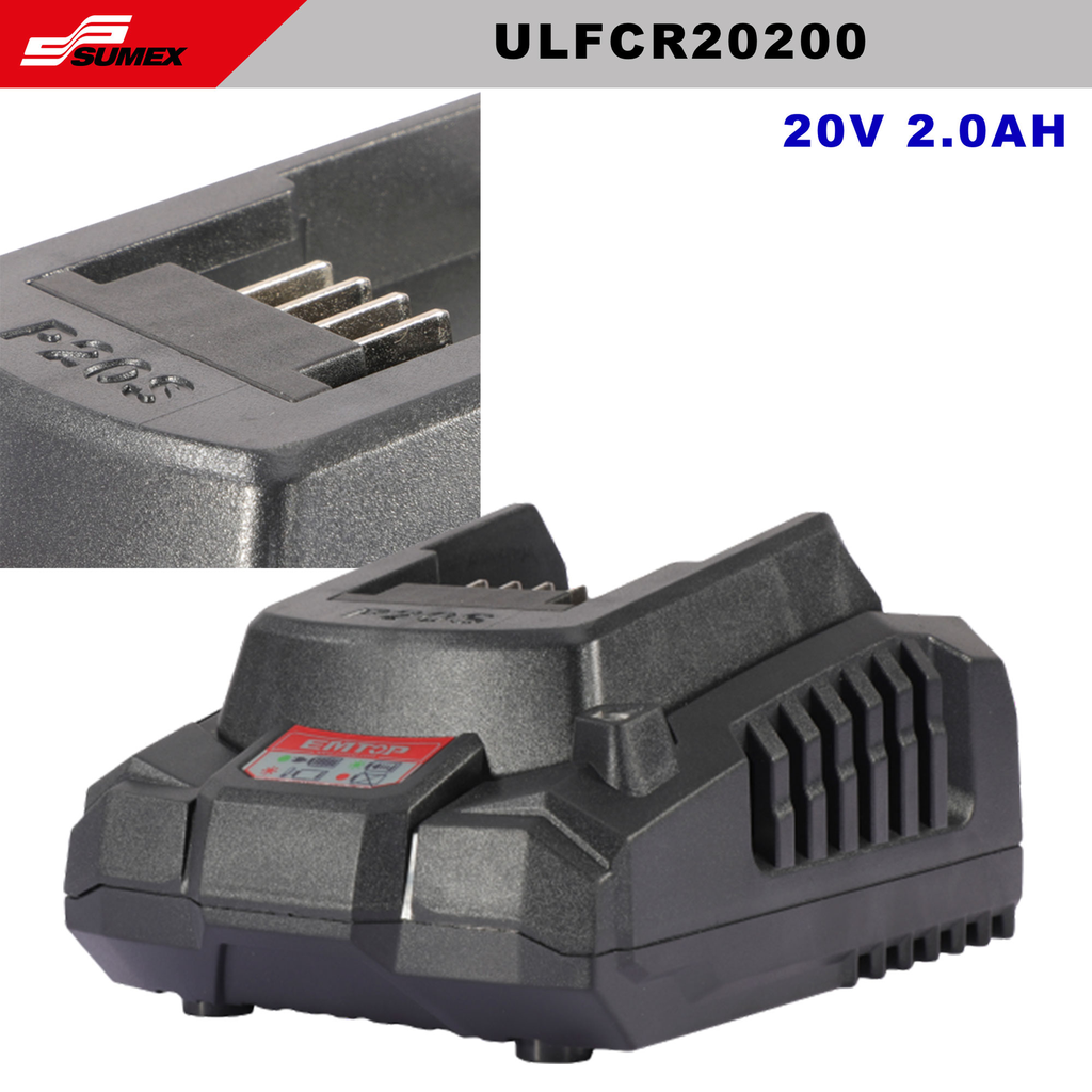 CARGADOR DE BATERIAS EMTOP 20V 2.0 AH CON INDICADOR LED  (CJ/20UNDS)