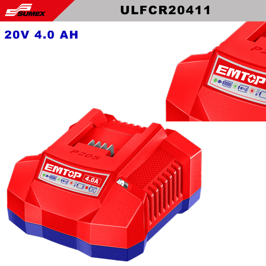 CARGADOR DE BATERIAS EMTOP 20V 4.0 AH CON INDICADOR LED  (CJ/20UNDS)