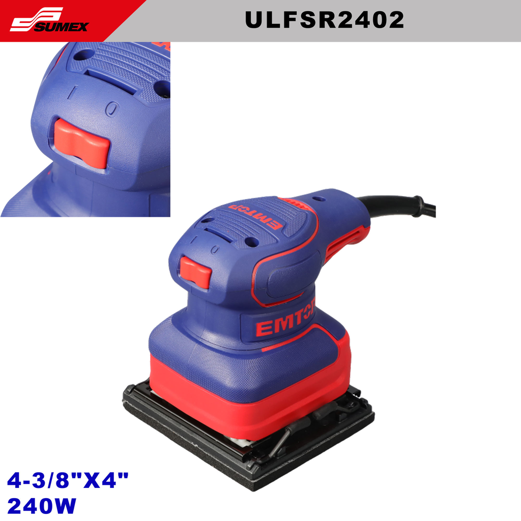 LIJADORA ORBITAL DE MANO EMTOP 4-3/8"X4" 240W INCLUYE 5 LIJAS (CJ/10UNDS)