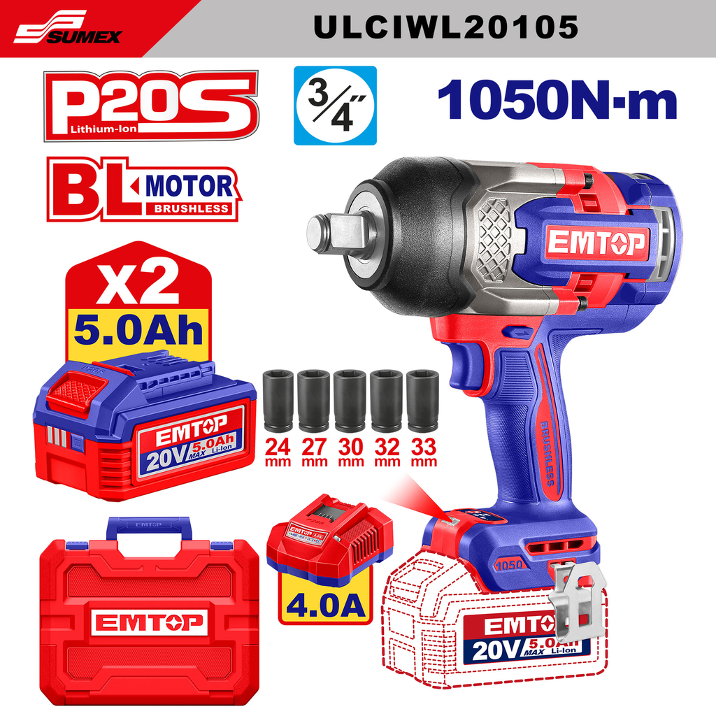 CORDLESS IMPACT WRENCH EMTOP 1050 NM 5.0 Ah / 4.0 Ah (4 UNITS)