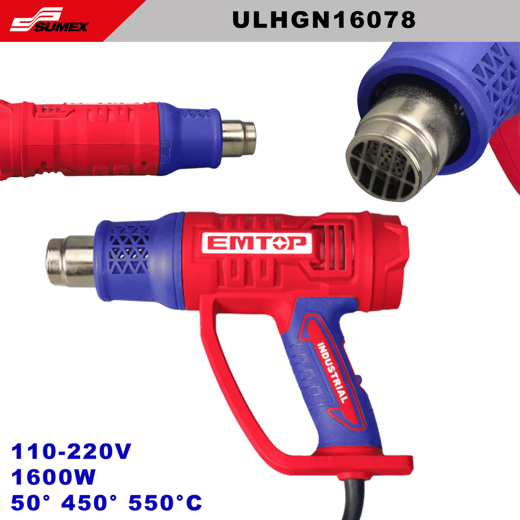 PISTOLA DE CALOR EMTOP 110-220V 1600W 50° 450° 550°C INCLUYE ACCESORIOS (CJ/10UNDS)