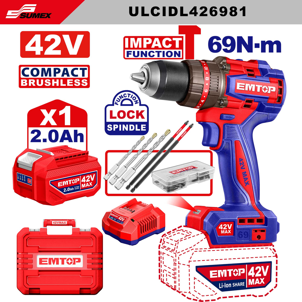TALADRO DE IMPACTO INALAMBRICO EMTOP 69N.M 42V SIN ESCOBILLAS (CJ/5UNDS)