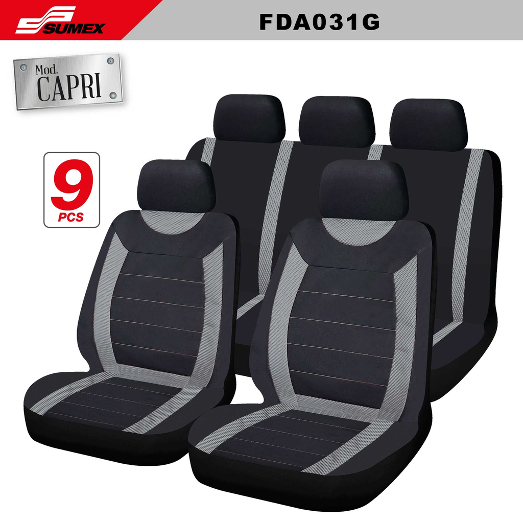 FORRO DE ASIENTO SWISS DRIVE "CAPRI" 9PCS NEGRO - GRIS/COSTURA GRIS(CJ/8SETS)