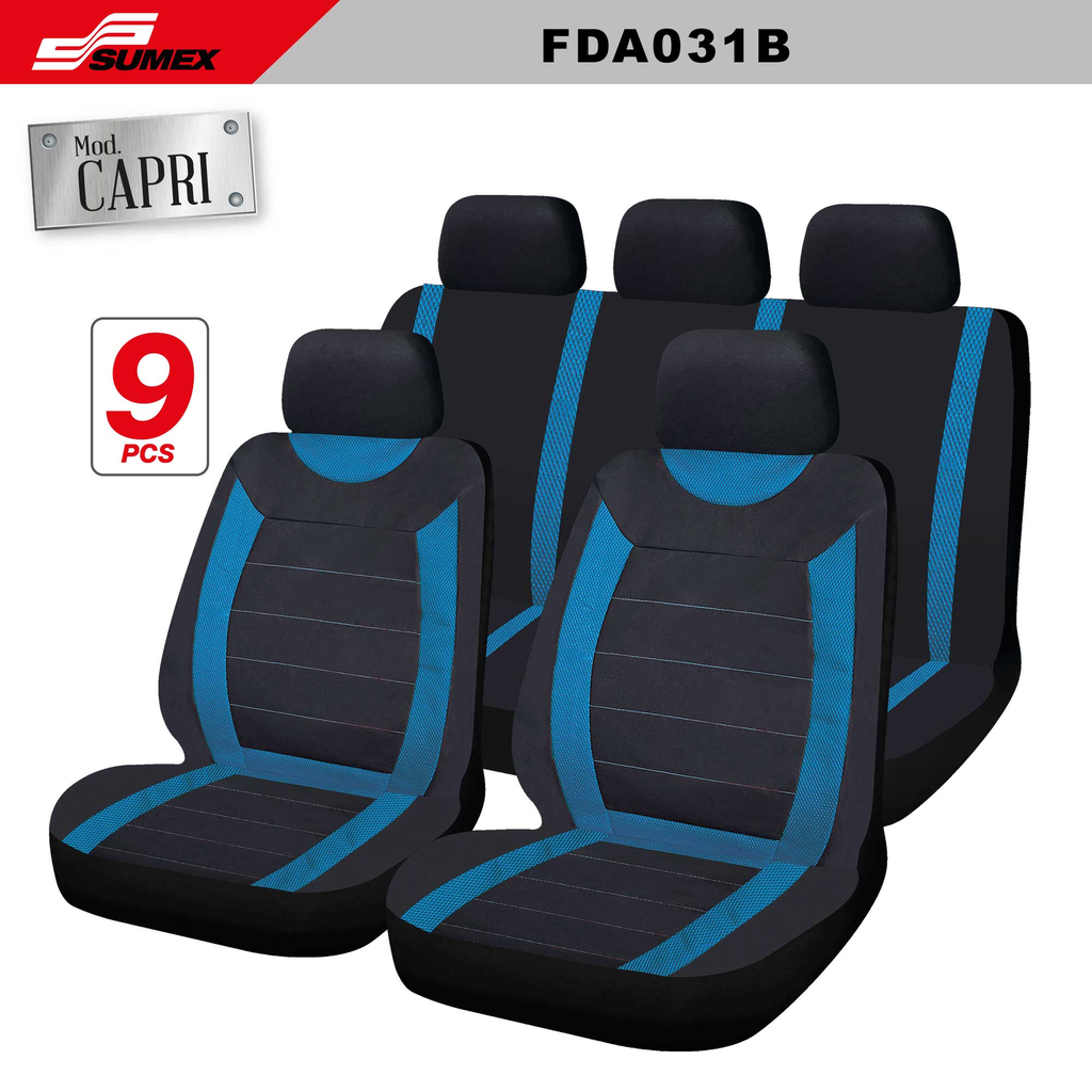 FORRO DE ASIENTO SWISS DRIVE "CAPRI" 9PCS NEGRO - AZUL / COSTURA AZUL (CJ/8SETS)