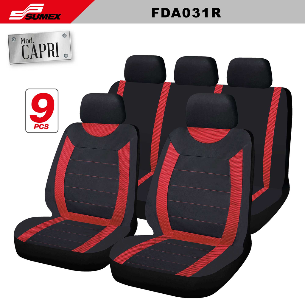 SEAT COVER SWISS DRIVE CAPRI BLACK/RED/RED STITCHES (9 PCS) (8 SETS)