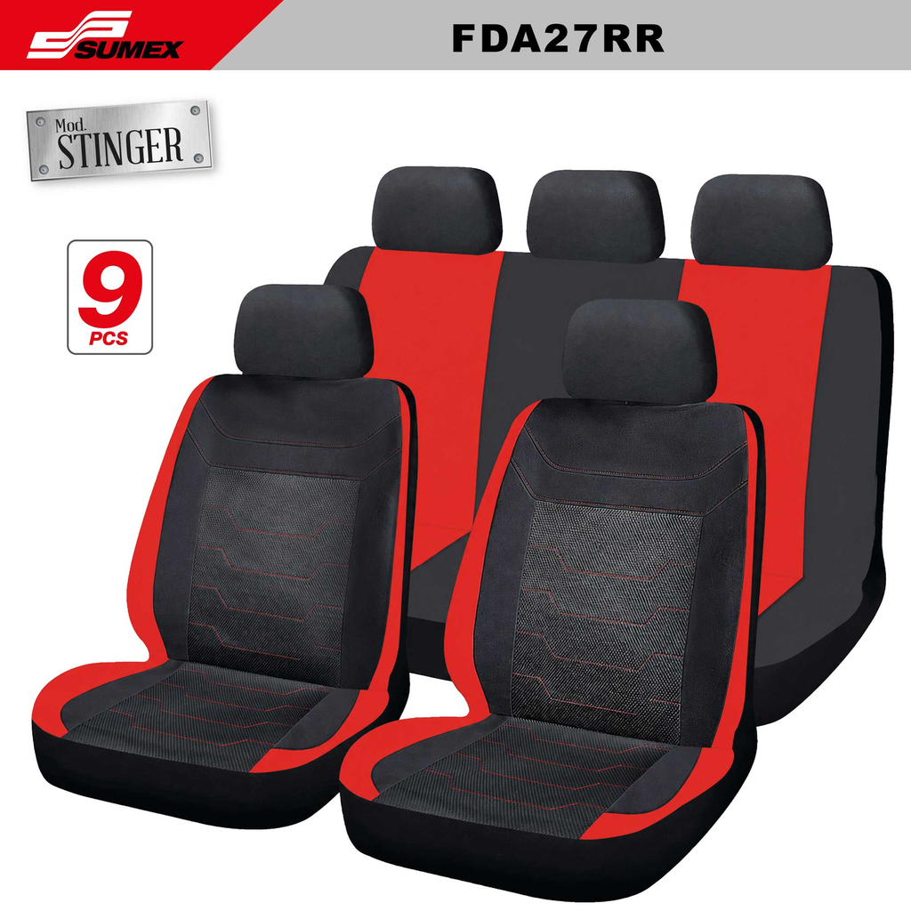 SEAT COVER SWISS DRIVE STINGER BLACK/RED/RED STITCHES (9 PCS) (6 SETS)
