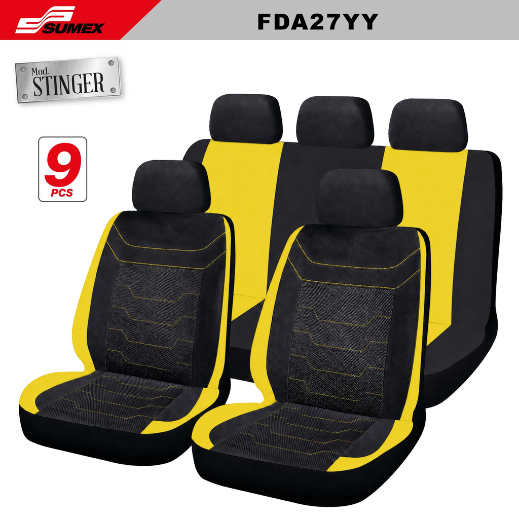 FORRO DE ASIENTO SWISS DRIVE "STINGER" 9PCS NEGRO - AMARILLO / COSTURA AMARILLA (CJ/6SETS)