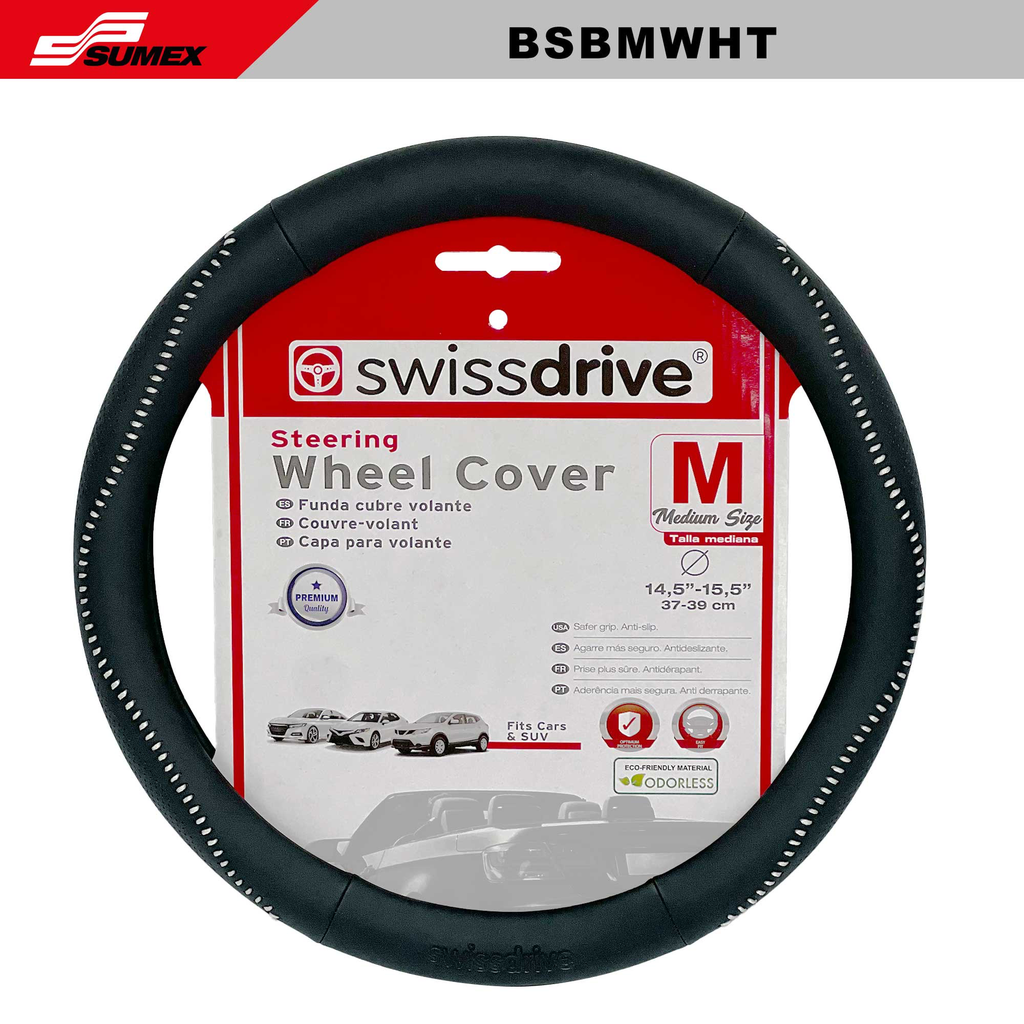 STEERING WHEEL COVER SWISS DRIVE "M" BASEBALL BLACK/WHITE STITCHES (37x39CM) (20 UNITS)  