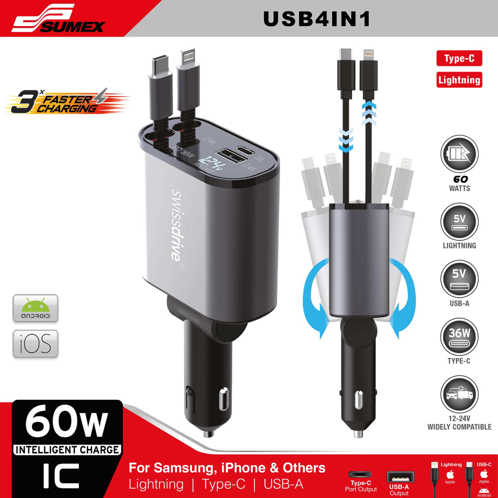 CARGADOR ULTRA RAPIDO USB 4 EN 1 SWISS DRIVE  