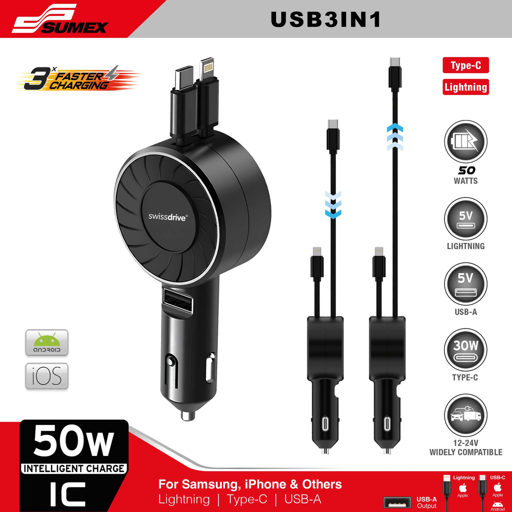 CARGADOR ULTRA RAPIDO USB 3 EN 1 SWISS DRIVE 
