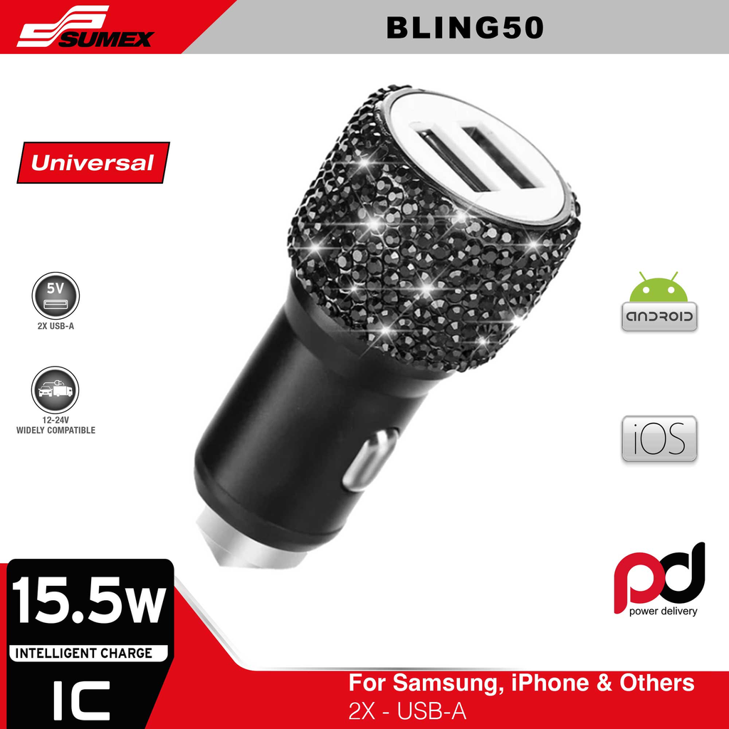 CARGADOR USB 2N1 SWISS DRIVE "DIAMOND BLING" CON DIAMANTES DE STRASS NEGRO