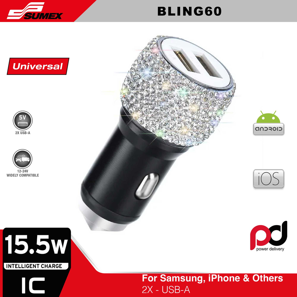 CARGADADOR USB 2N1 SWISS DRIVE "DIAMOND BLING" CON DIAMANTES DE STRASS PLATA