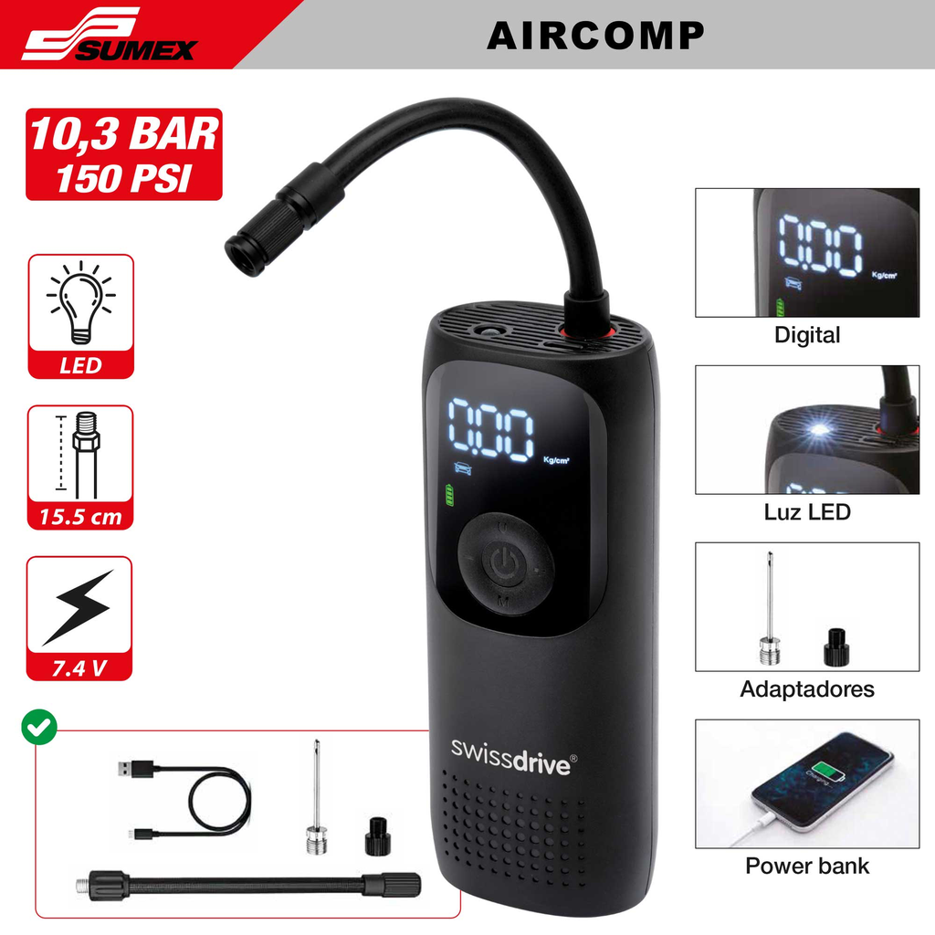 COMPRESOR DE AIRE PORTATIL DE LITIO SWISS DRIVE 