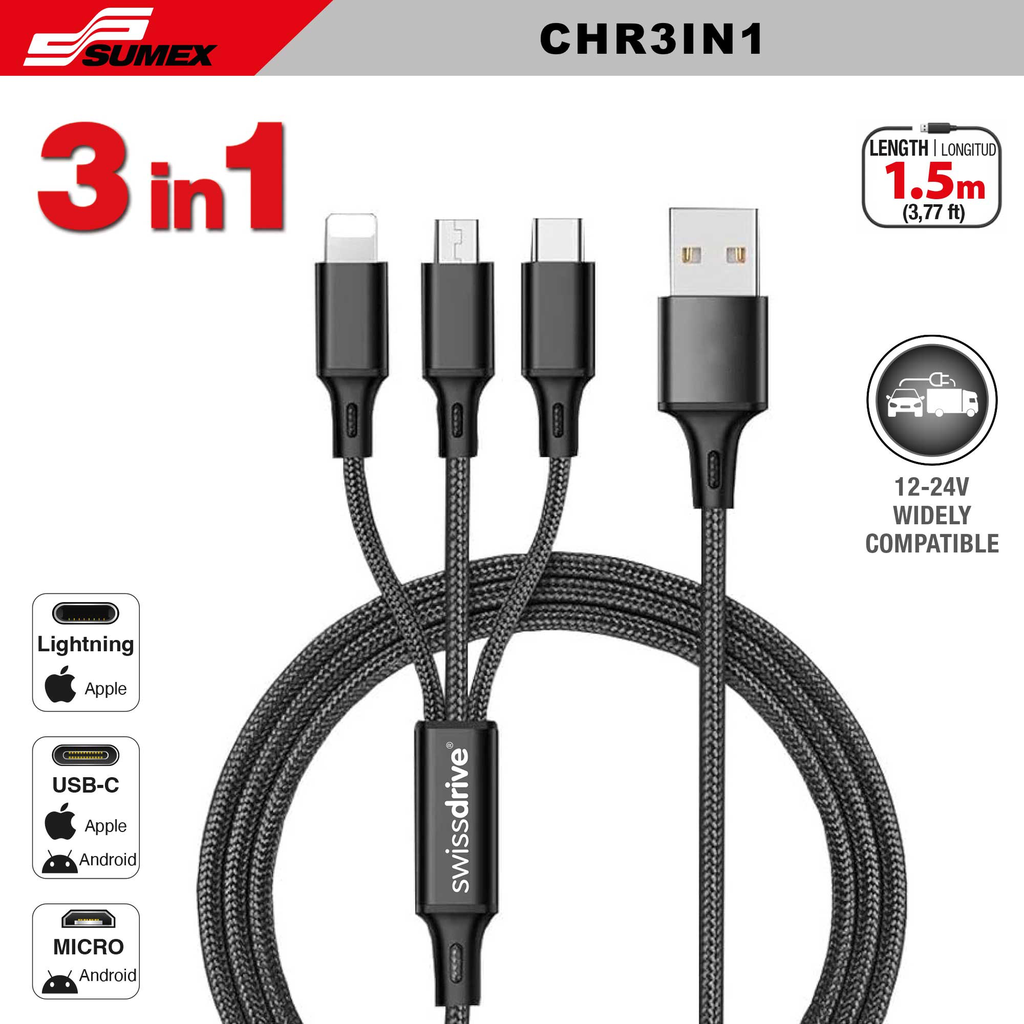 CABLE DE CARGA RAPIDA PARA AUTO 3N1 SWISS DRIVE  