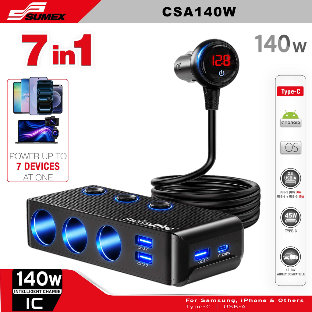 CAR CHARGING HUB 7N1 SWISS DRIVEMULTI PORT (3 HOLES) 140W