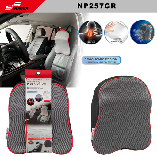 [NP257GR] NECK PILLOW SWISS DRIVE ERGO CUSHION MEMORY FOAM GREY/RED (8 UNITS)