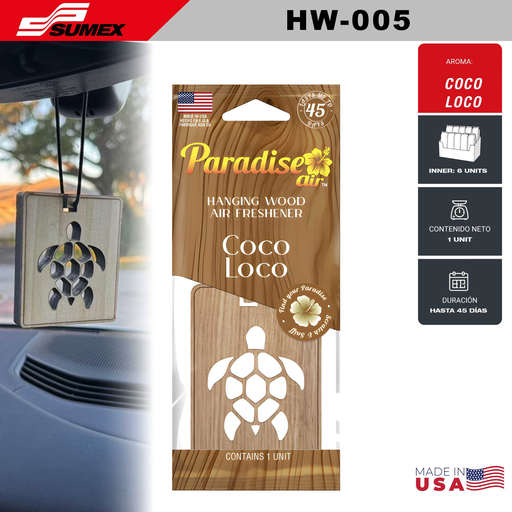 [HW-005] AMBIENTADOR PARADISE AIR HANGING WOOD COCO LOCO (1 SET = 6 UNDS) (12 SETS = 72 UNDS)