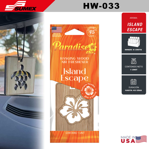 [HW-033] AMBIENTADOR PARADISE AIR HANGING WOOD ISLAND ESCAPE (1 SET = 6 UNDS) (12 SETS = 72 UNDS)