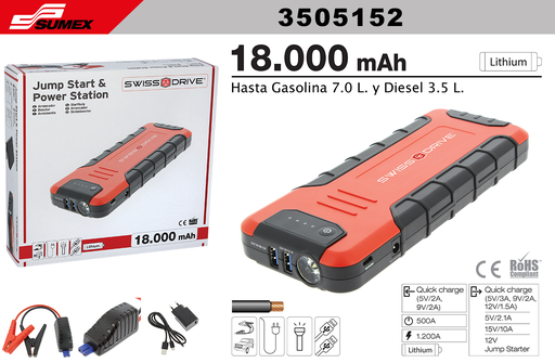 [3505152] ARRANCADOR DE BATERIA SWISS DRIVE GRANDE 18000 mAh 12V-10A (10 SETS)