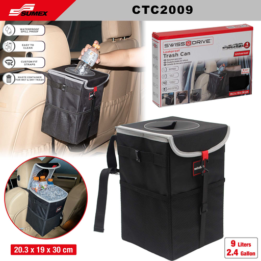 [CTC2009] BASURERO PARA AUTO SWISS DRIVE LEAKPROOF  9L/2.4GL (12 UNDS) NEGRO/GRIS